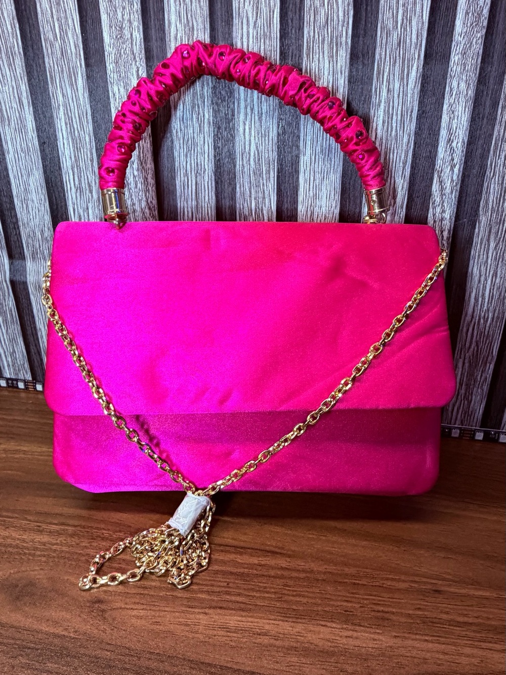 Satin Shoulder Bag in Hot Pink with Gold Chain Detail